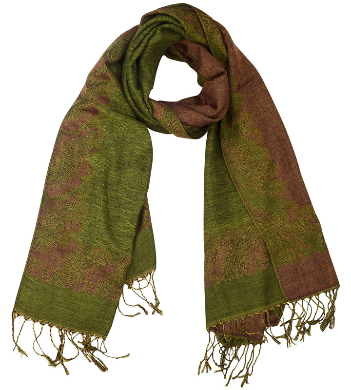 Ravishing reversible jacquard paisley shawl wrap pashmina in army green and rust.