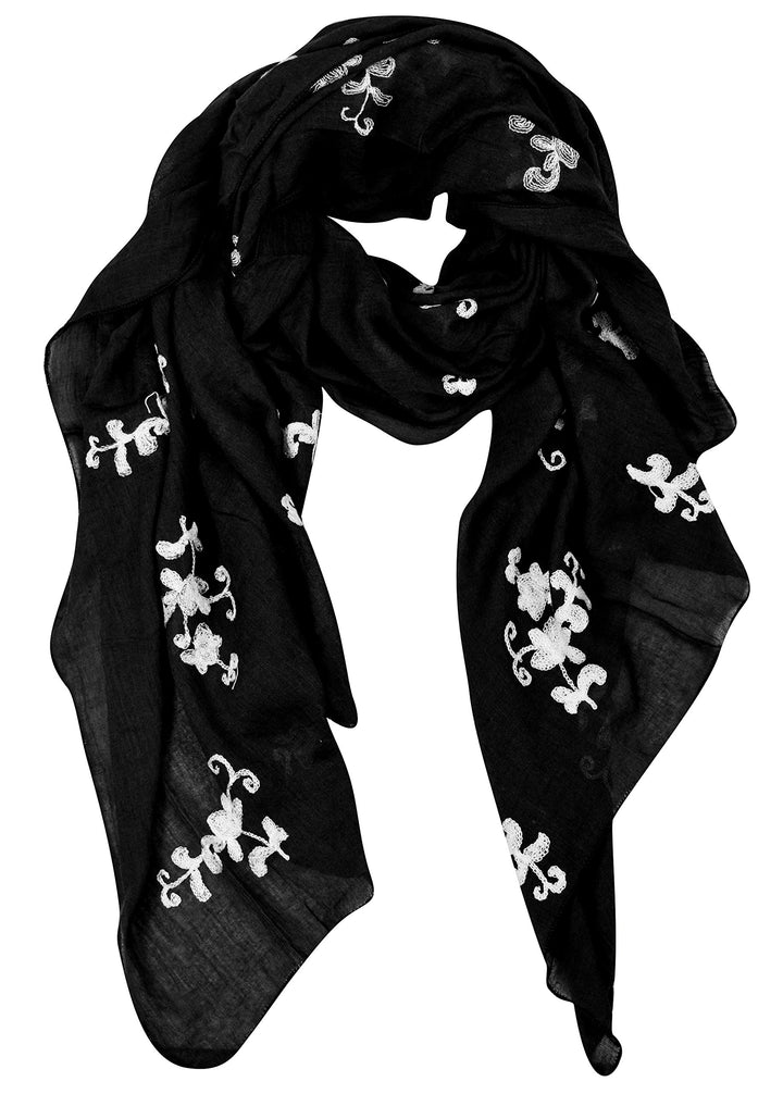 Lightweight black summer shawl with intricate floral pansy embroidery and sheer fabric finish