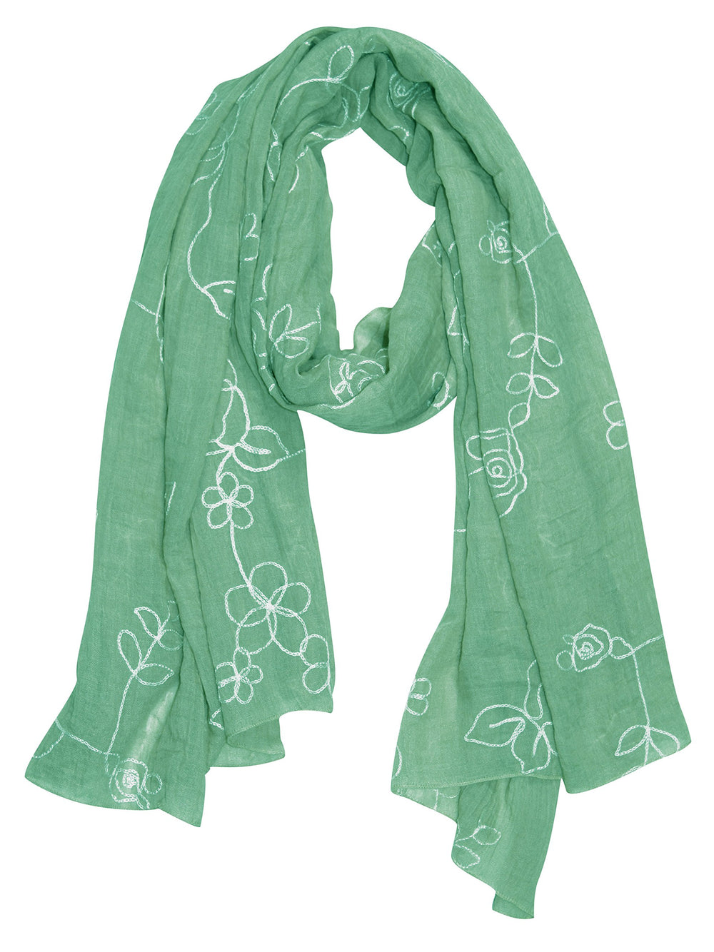 Lightweight mint green sheer summer shawl with intricate pink rose floral embroidery and soft draped edges.