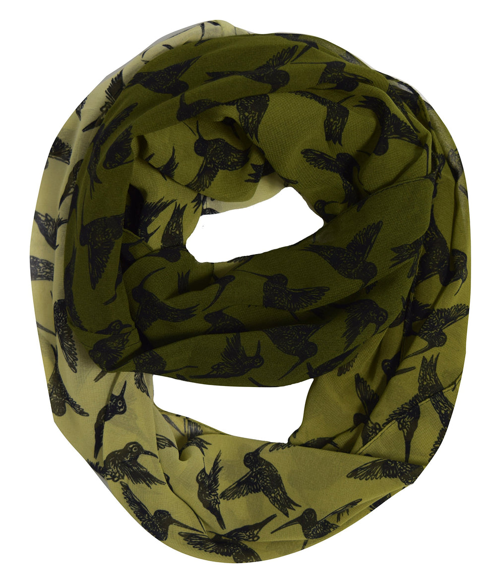 Sheer hunter green infinity scarf for women featuring an elegant bird print pattern.