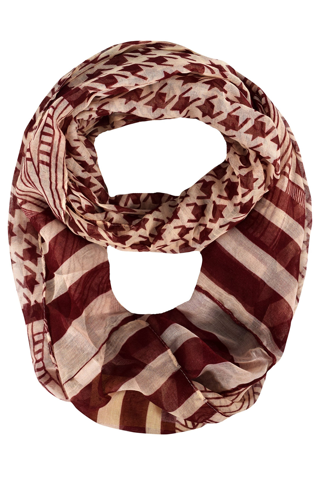 Light Tribal and Striped Houndstooth Sheer Infinity Loop Scarf (Red and Cream)