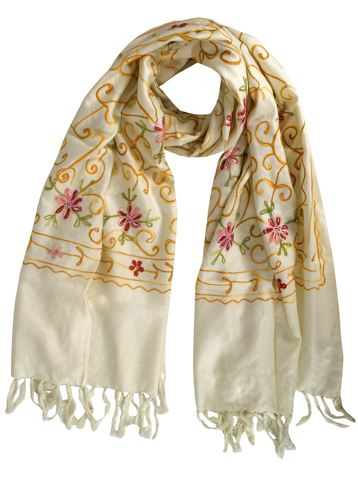 Exquisite embroidered flower wool pashmina scarf wrap shawl in cream with decorative floral patterns and fringe edges