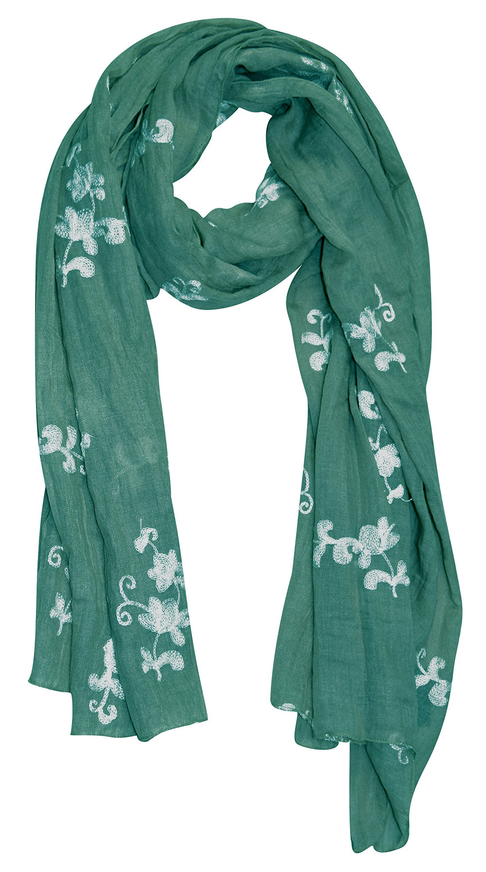 Lightweight summer shawl scarf with intricate floral pansy embroidery and fringed edges in green