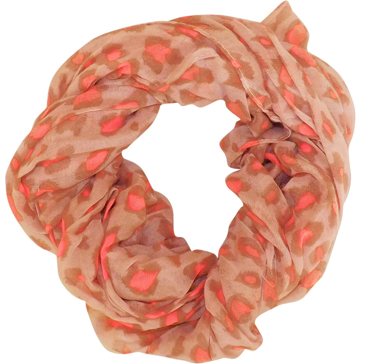 Stylish peach-pink loop scarf featuring a retro animal print pattern for women's fashion accessories
