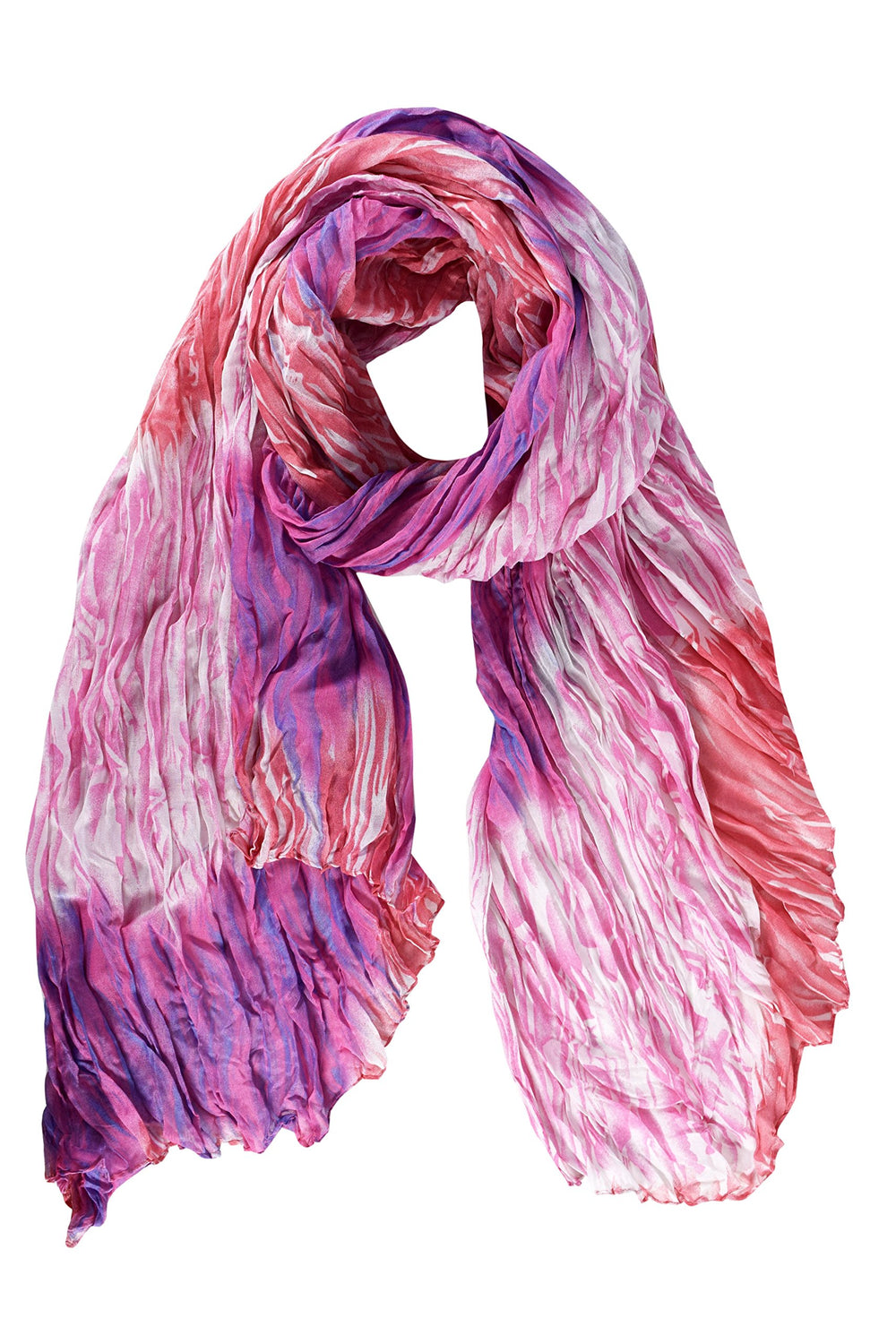 Stylish and lightweight crinkled faded tie-dye scarf and sarong in shades of pink and purple.