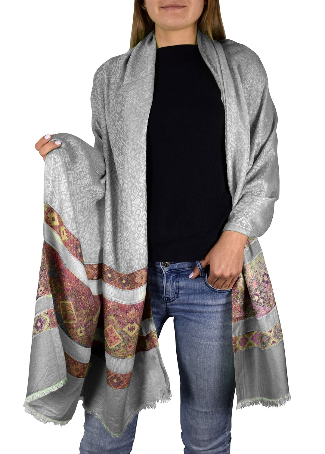 Peach Couture Exclusive Silky Shiny Geometric Tribal Printed Fringe Scarf (Tribal Silver)