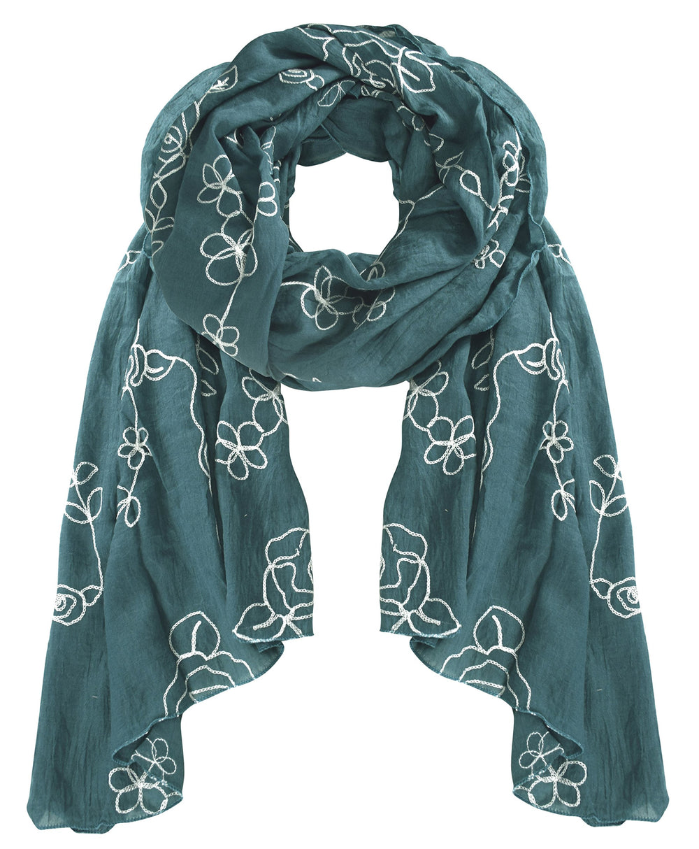 Sheer hunter green summer shawl with intricate pink rose floral embroidery and soft cloth texture