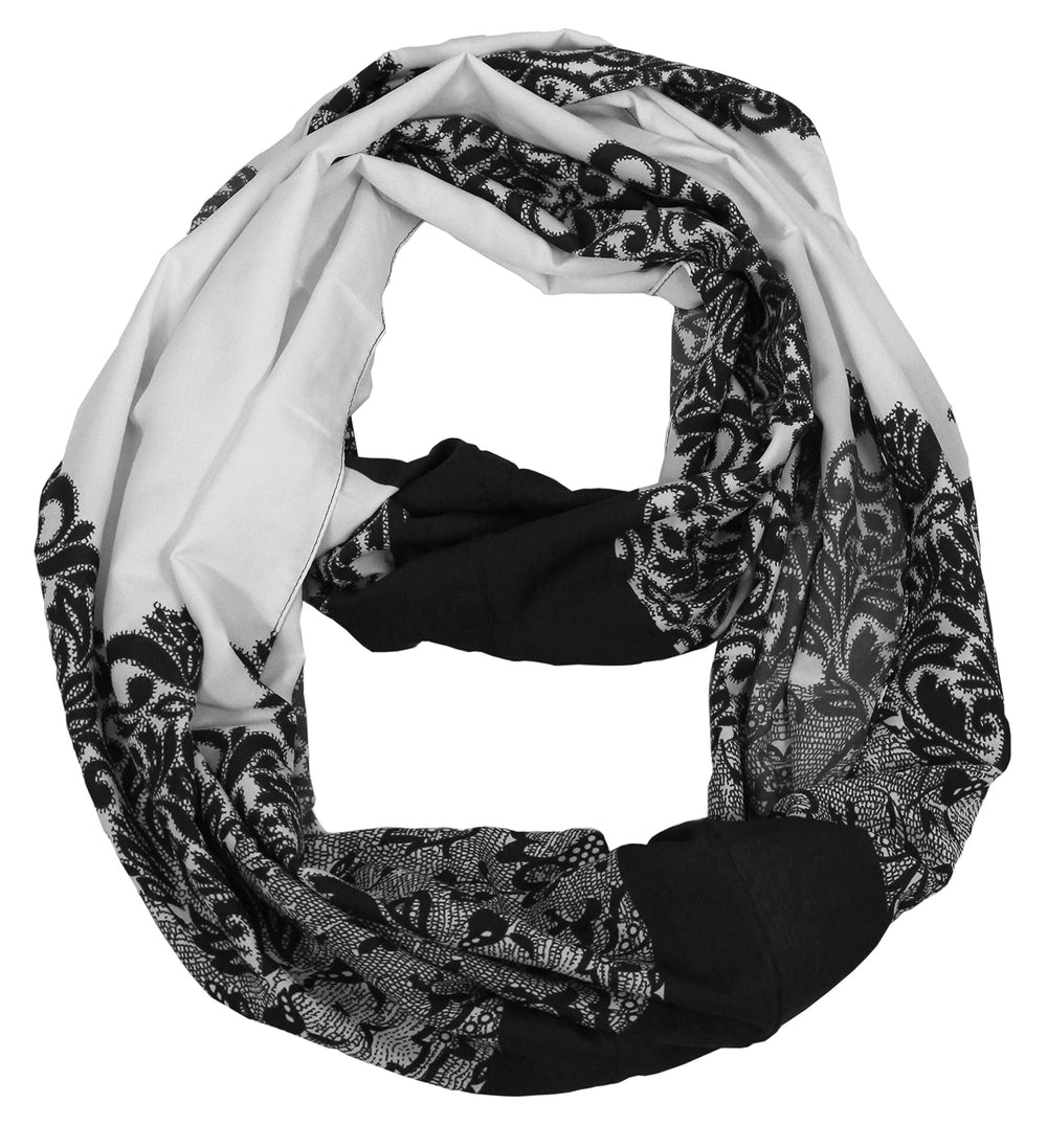 Elegant vintage black and white damask print infinity loop scarf for women.