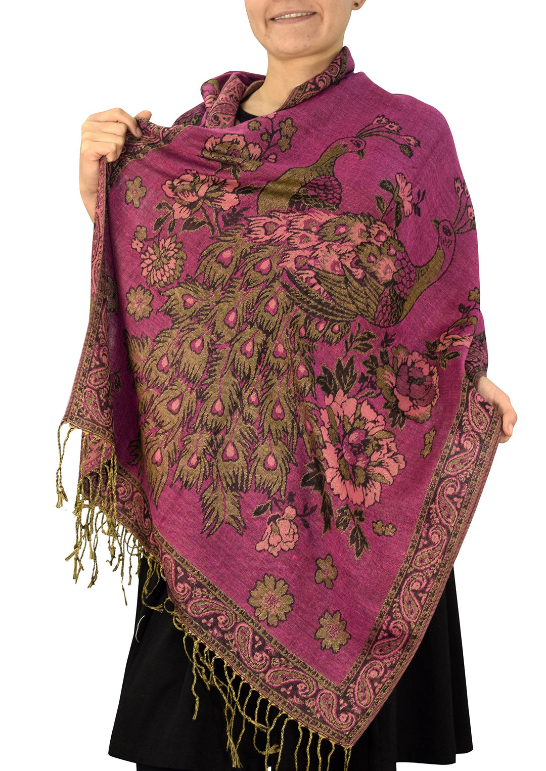 Peach Couture Floral Peacock Reversible Shimmer Layered Pashmina Wrap Shawl Scarf Hot Pink