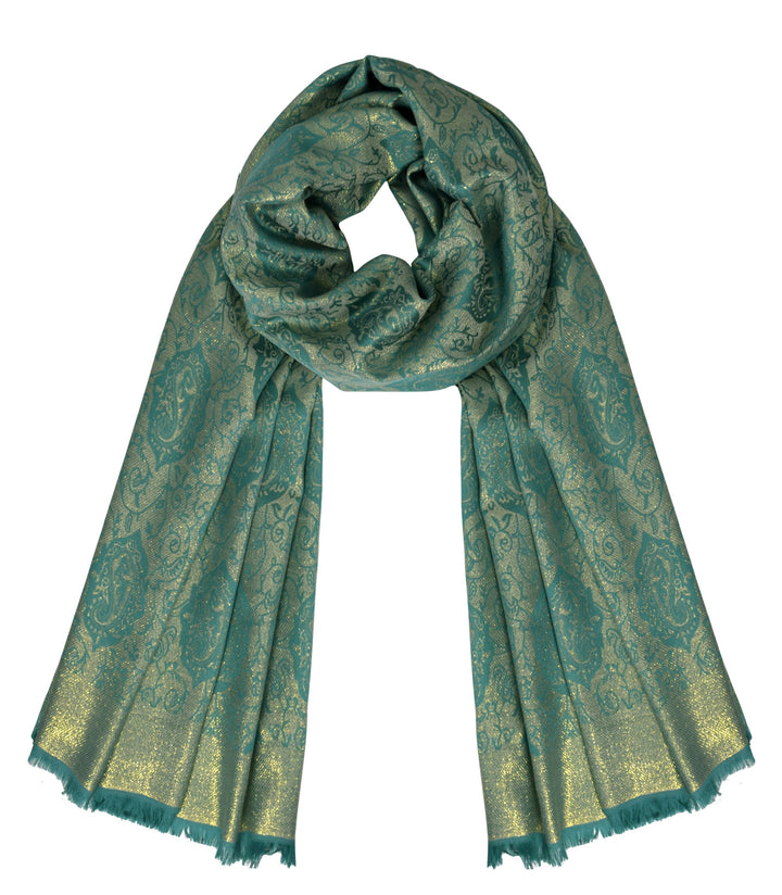 Ravishing reversible jacquard paisley shawl wrap pashmina in damask turquoise.