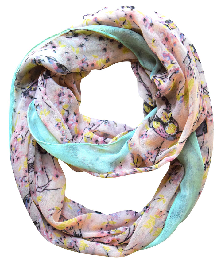 Lightweight vintage floral and hummingbird print sheer infinity loop scarf in pink for women