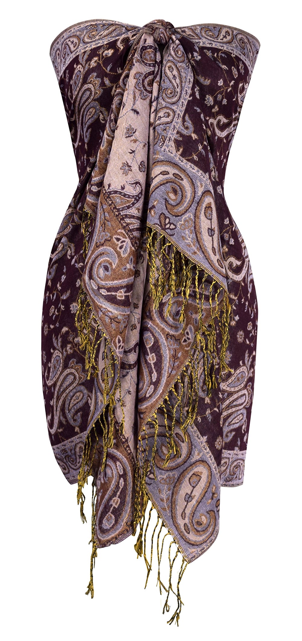 Reversible double-layer pashmina shawl featuring an intricate paisley jacquard pattern in plum purple and contrasting tones with fringed edges.