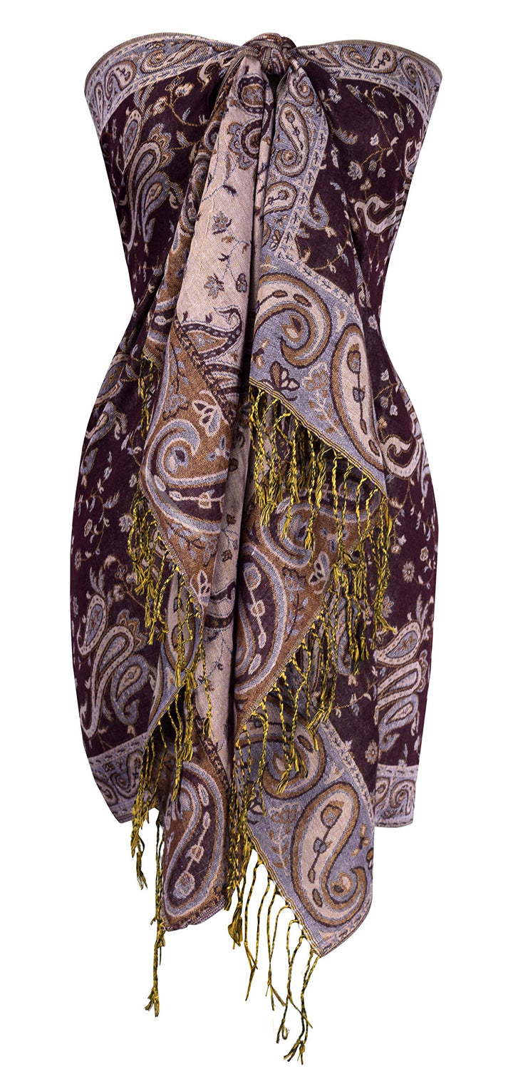 Reversible double-layer pashmina shawl featuring an intricate paisley jacquard pattern in plum purple and contrasting tones with fringed edges.