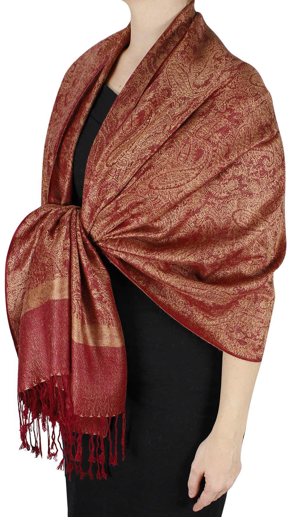 Elegant vintage two-color jacquard paisley pashmina shawl wrap in peach and red reversible design.
