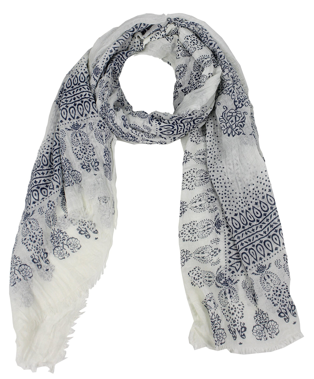 Classic Lightweight Heavenly Henna Paisley Printed Eyelash Fringe Scarf Blue