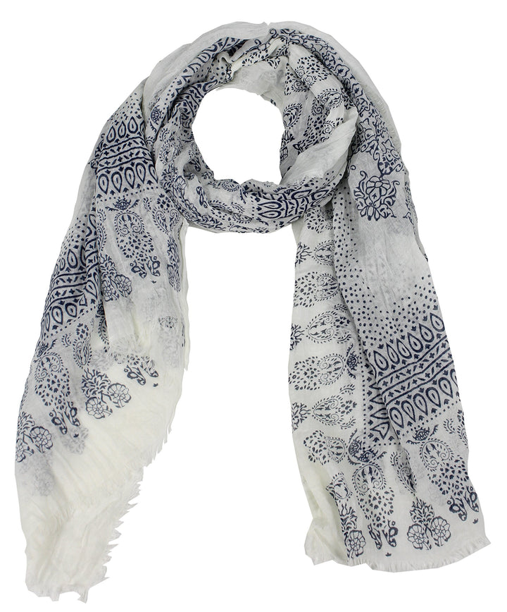 Classic Lightweight Heavenly Henna Paisley Printed Eyelash Fringe Scarf Blue