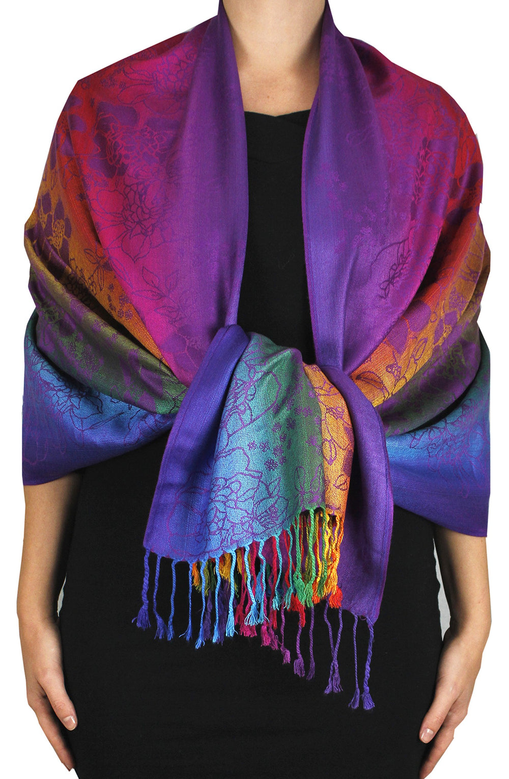 Purple pashmina shawl featuring a silky texture with tropical hibiscus floral patterns and a rainbow gradient finish.