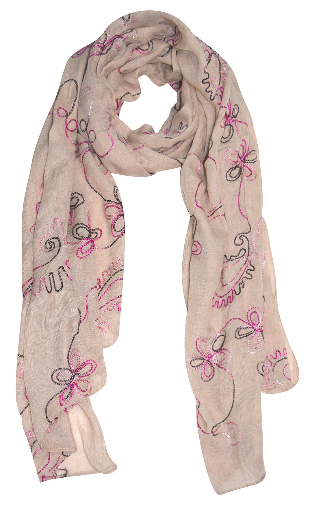 Peach Couture Summer Fashion Blossom Embroidered Sheer Scarf Wrap Shawl Tan