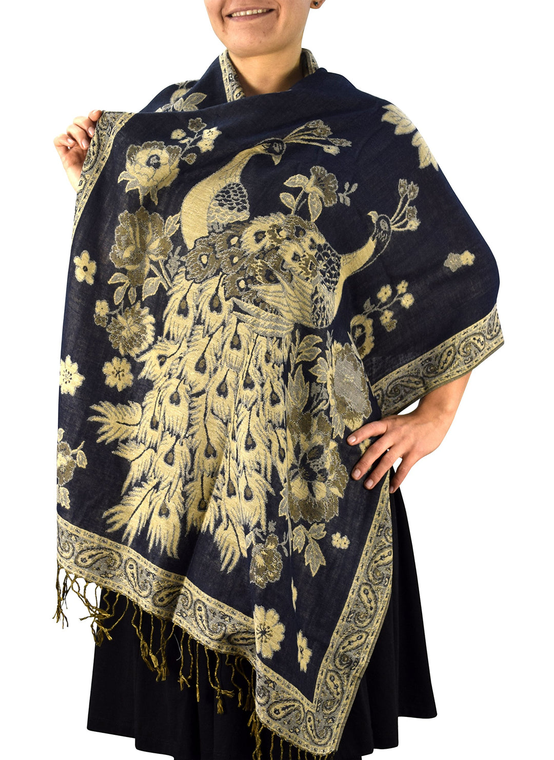 Peach Couture Floral Peacock Reversible Shimmer Layered Pashmina Wrap Shawl Scarf (Midnight Blue)
