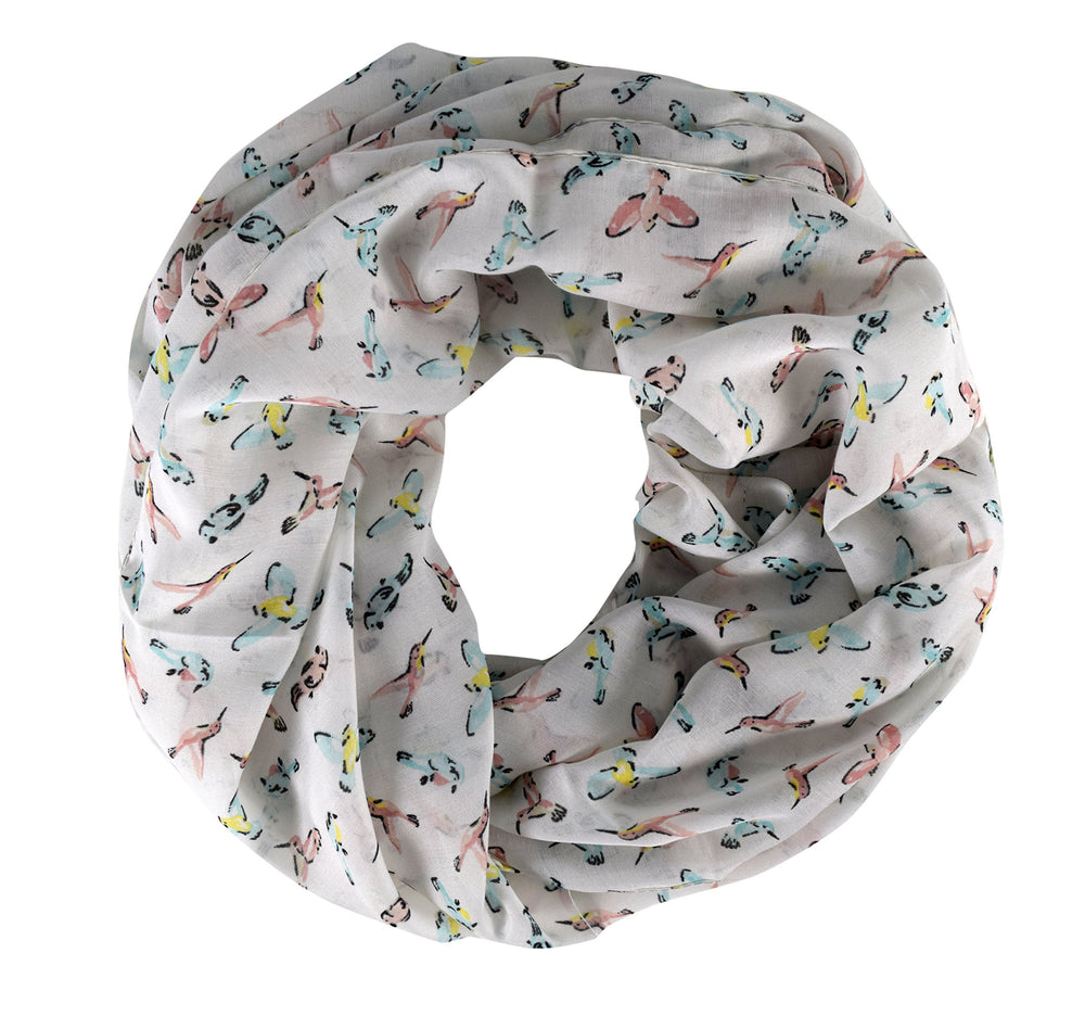 Chic bird print infinity scarf in white for women's summer fashion