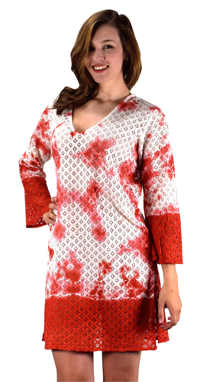Red lace see-through beach cover-up dress in a relaxed one-size-fits-all tunic design with a bohemian lace pattern.