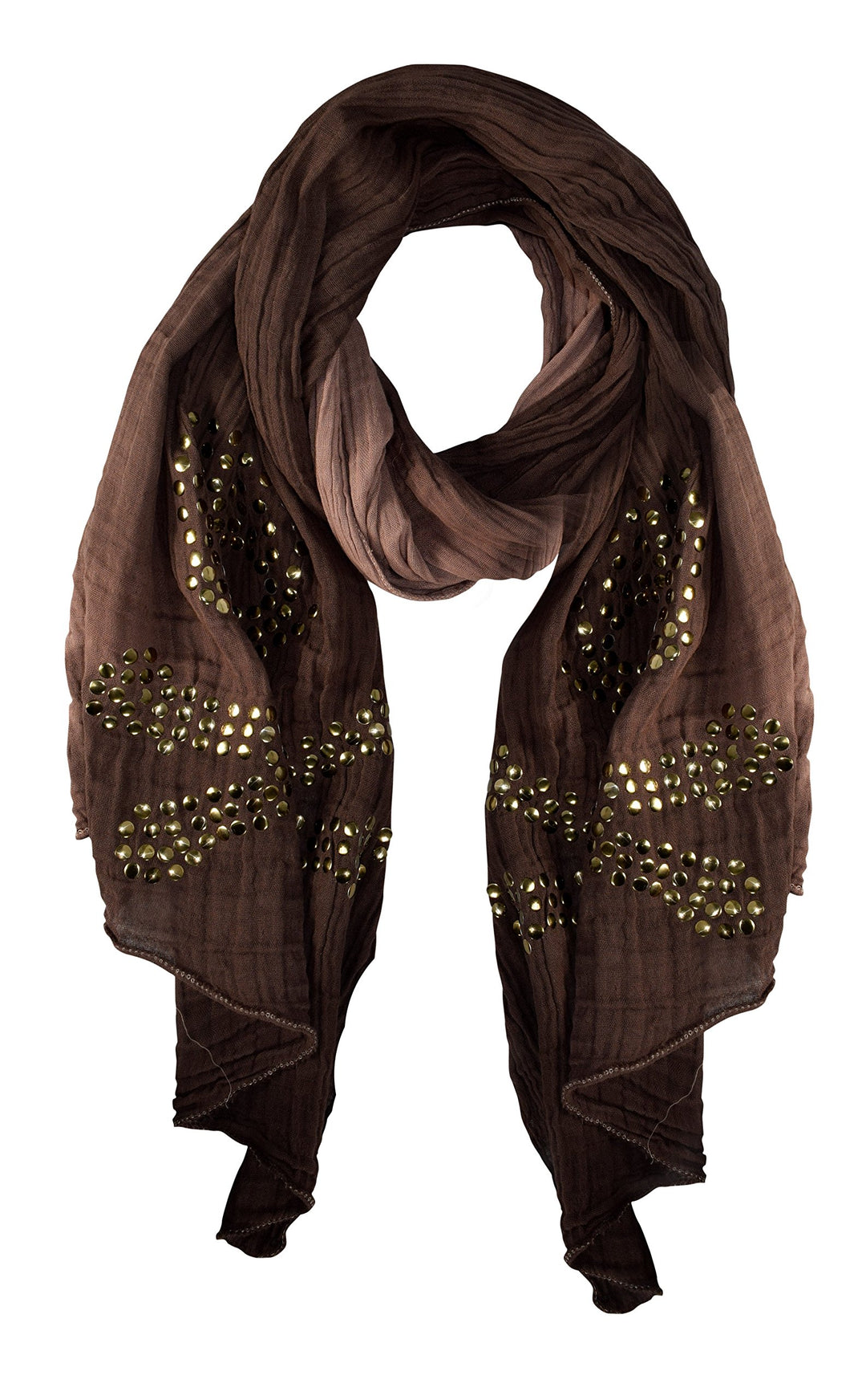 Peach Couture Womens Vintage Cotton Crinkled Ombrè Skull Studded Scarf Shawl Wrap Brown