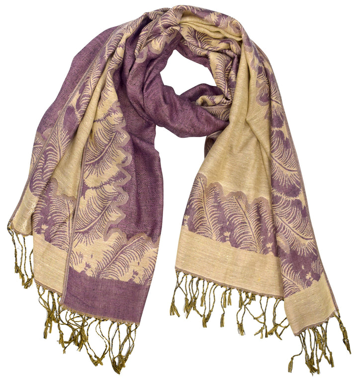 Elegant reversible jacquard paisley shawl wrap pashmina in dust pink and tan.