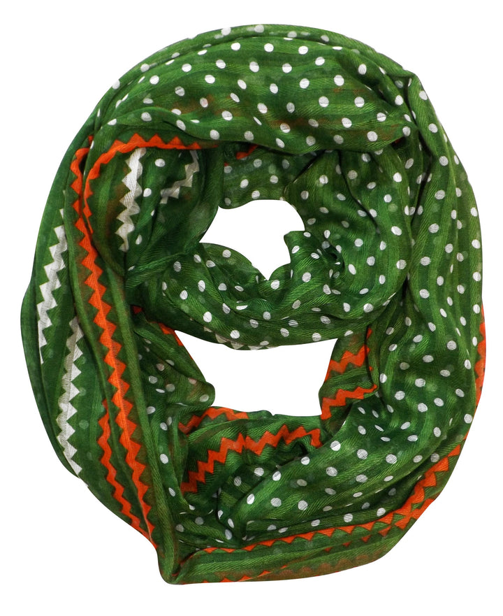 Green and white sheer infinity loop scarf featuring a chic polka dot and chevron print.