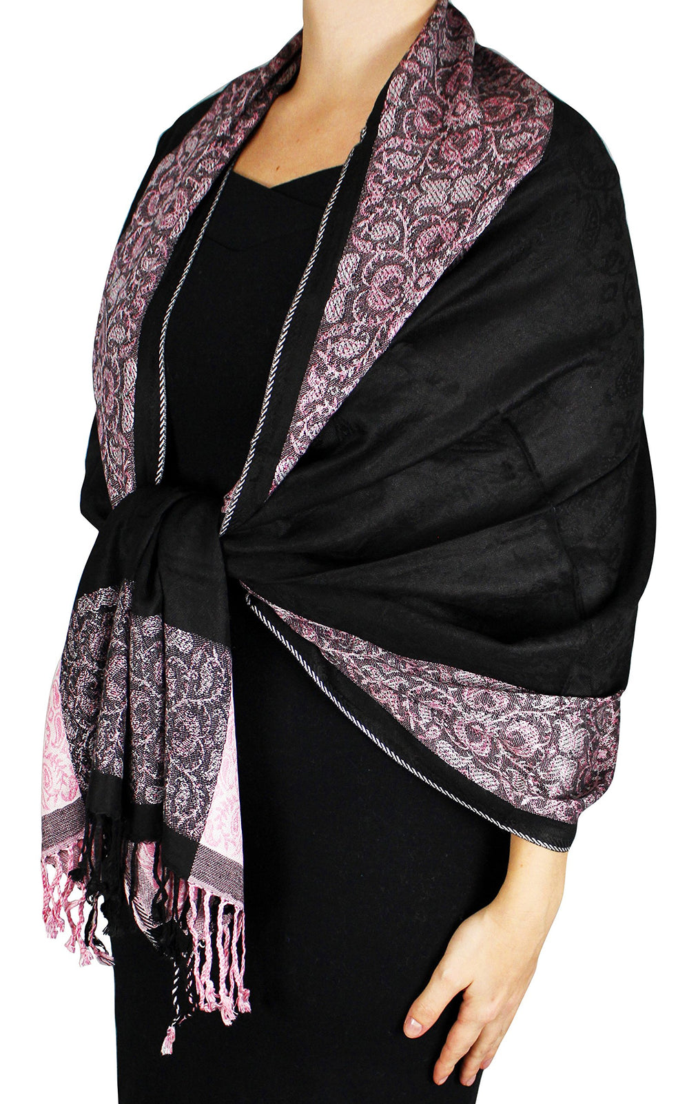 Reversible pashmina wrap shawl featuring a paisley floral border design in black and pink.