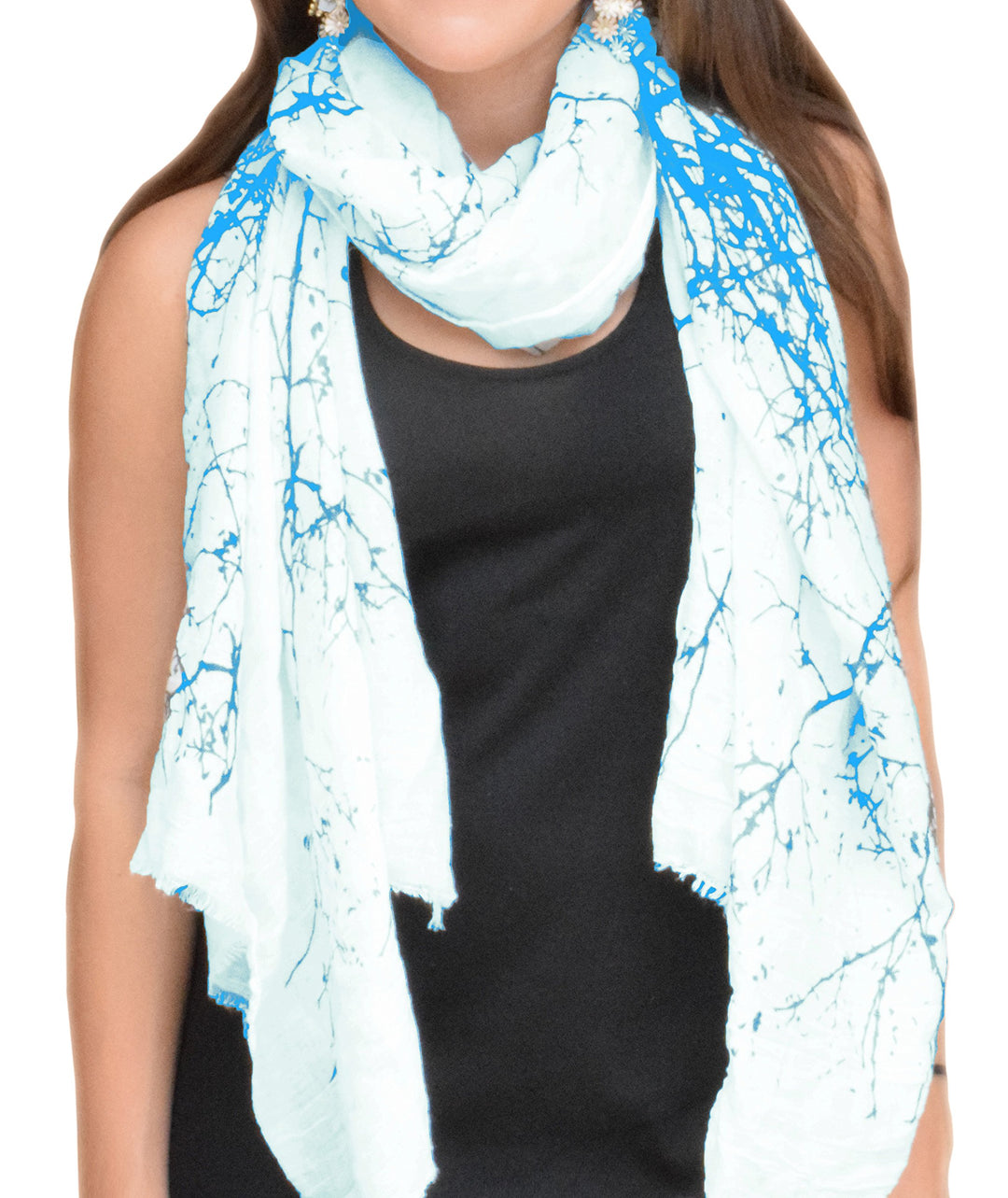 Peach Couture A Blissful Tree print Cotton Linen Eyelash Fringe Long Scarves Blue
