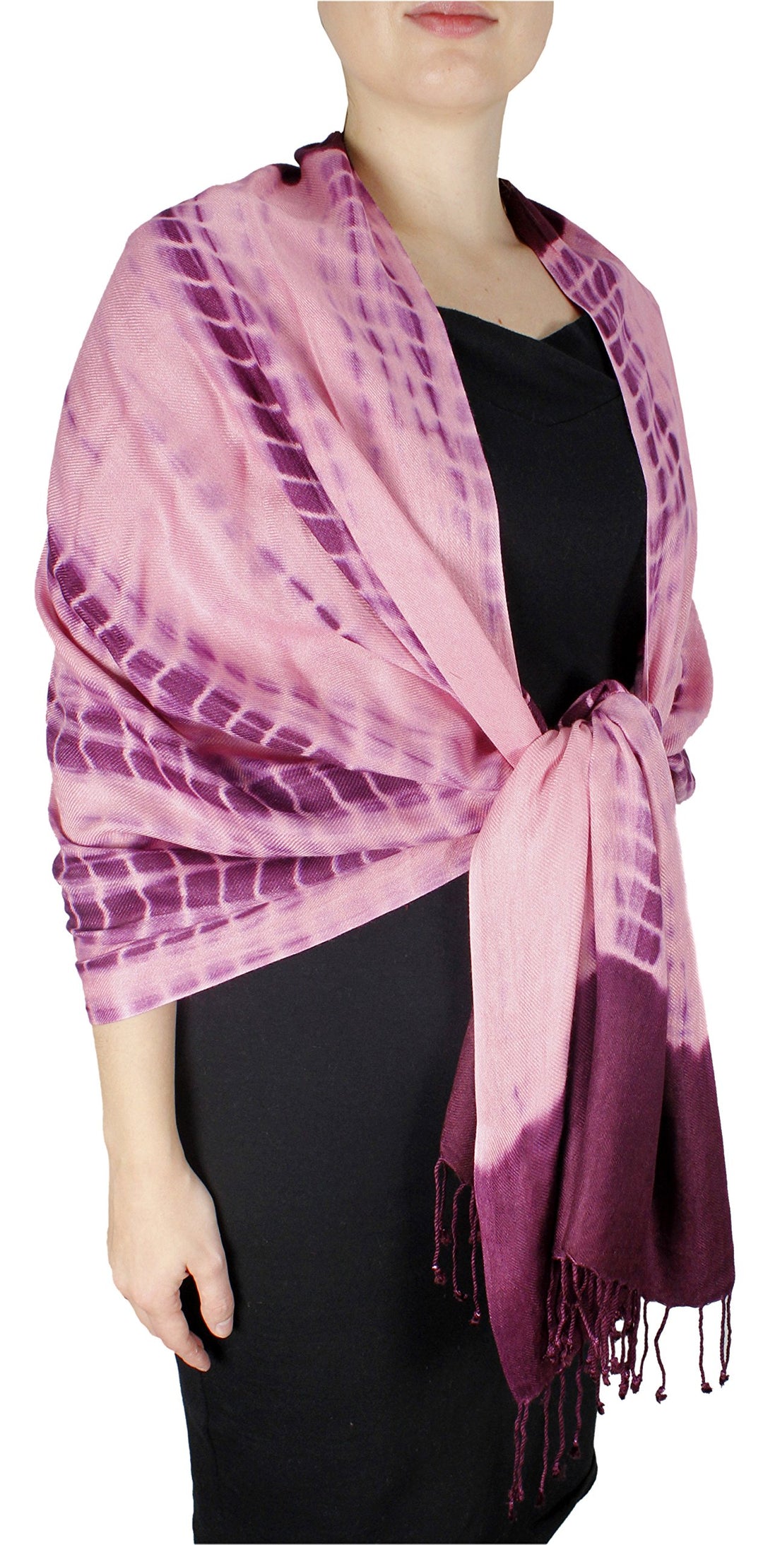 Soft and silky vibrant plum and bubble gum pink tie-dye pashmina shawl with fringe detail