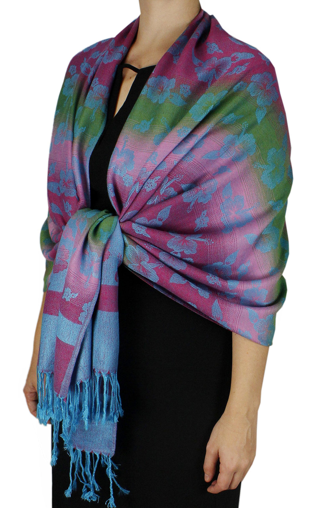 Rainbow silky tropical Hawaiian pansy pashmina wrap shawl scarf in teal with floral patterns and fringed edges.
