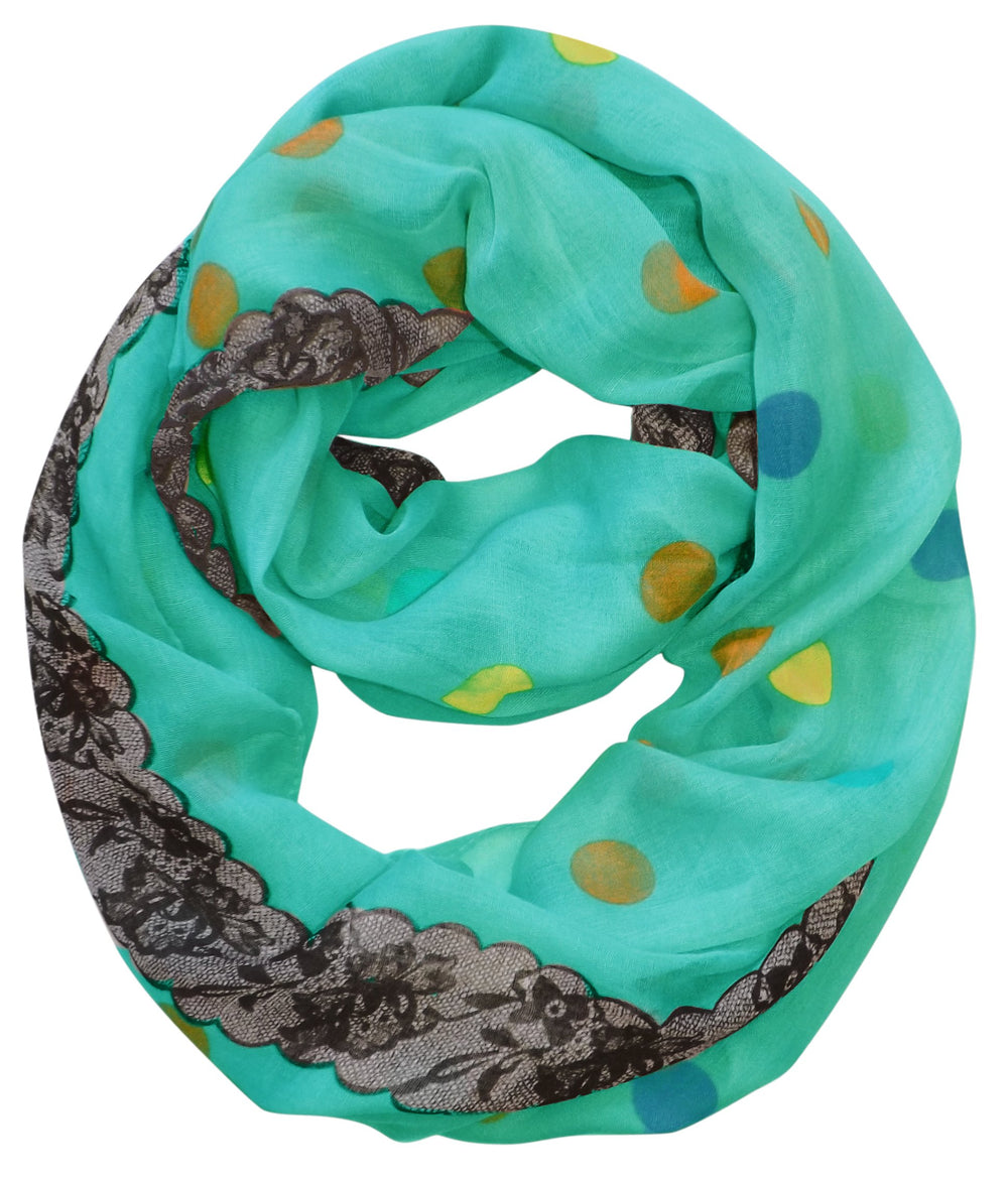 Aqua blue polka dot and floral graphic print infinity loop scarf for women.