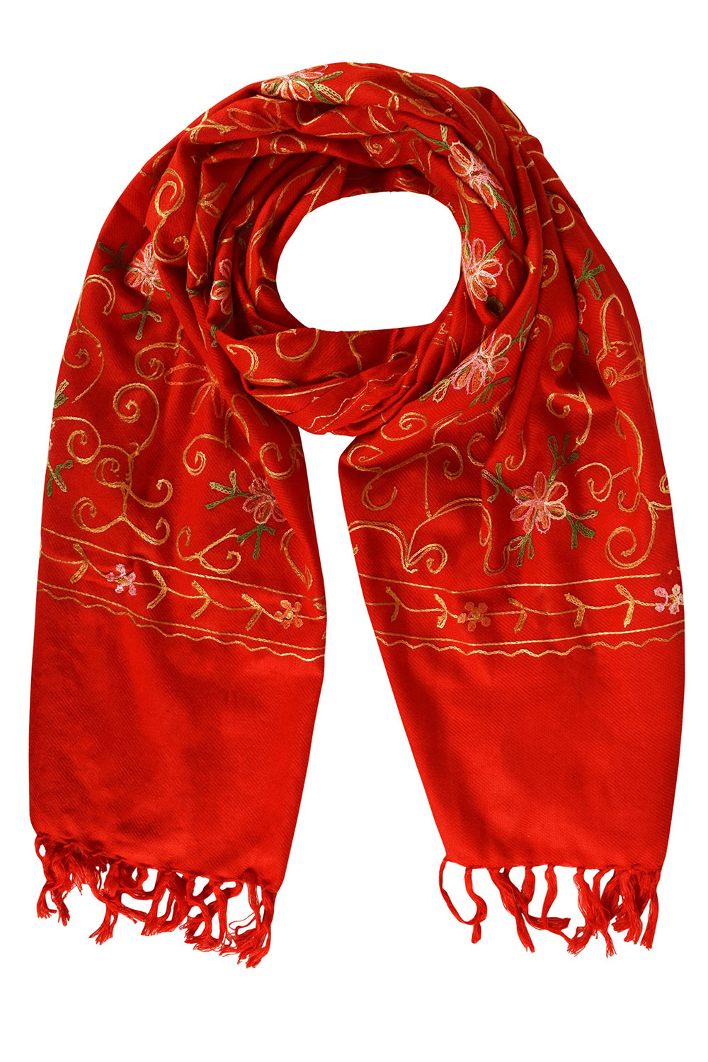 Vibrant red pashmina shawl featuring intricate hand-embroidered floral patterns and traditional Kashmiri craftsmanship with soft fringed edges