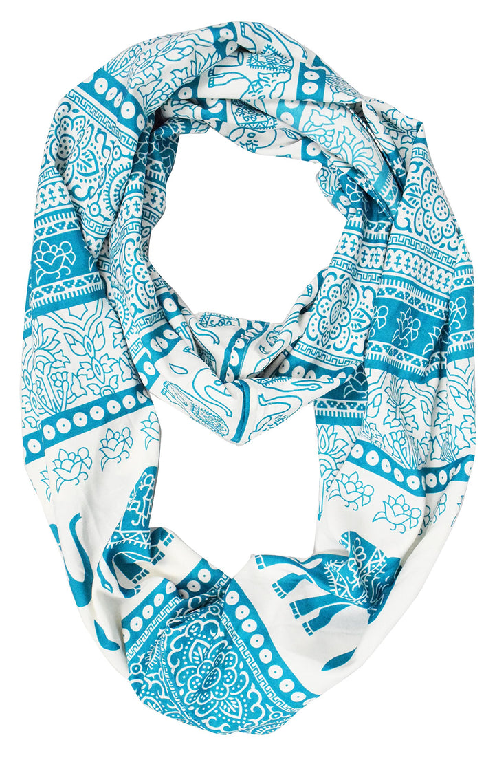 Lightweight teal infinity loop scarf featuring a tribal elephant and paisley floral print pattern for women