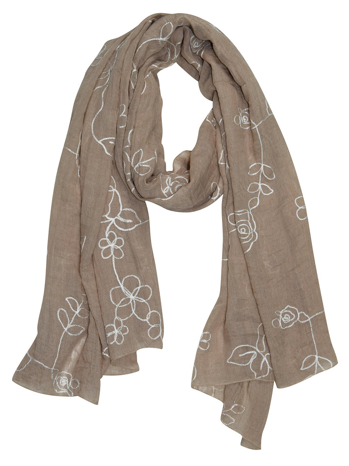 Lightweight taupe summer shawl with intricate floral rose embroidery and sheer fabric textures.