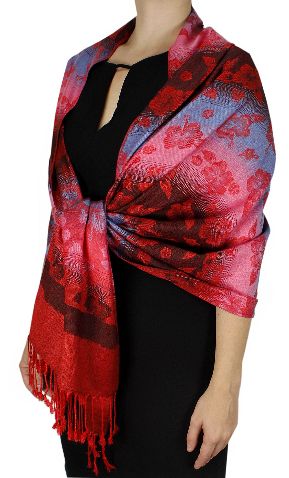 Vibrant red tropical Hawaiian pashmina shawl with a rainbow silky gradient finish and floral pansy patterns.
