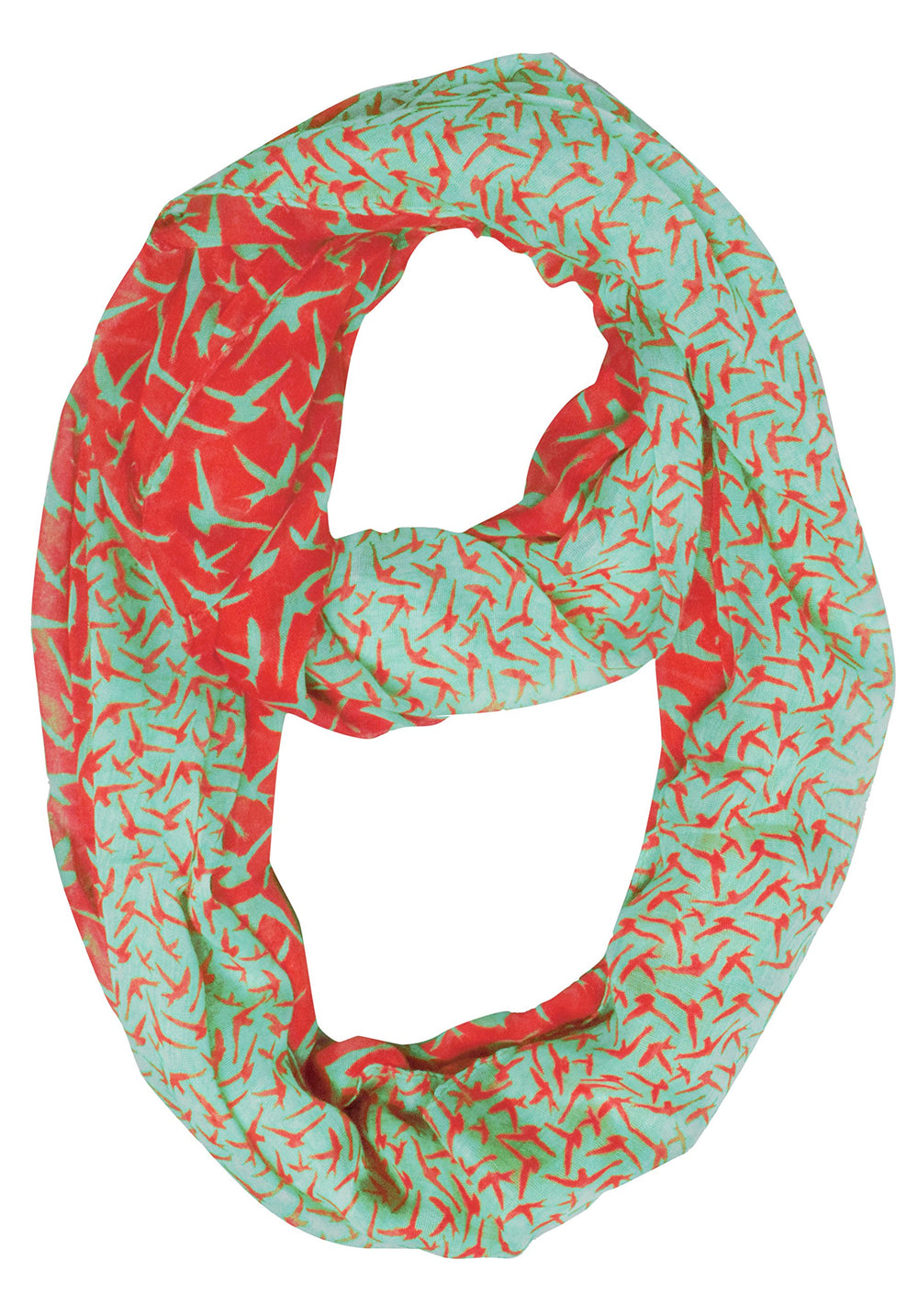 Vintage-style pink and aqua infinity loop scarf featuring a two-colored bird print pattern for women.