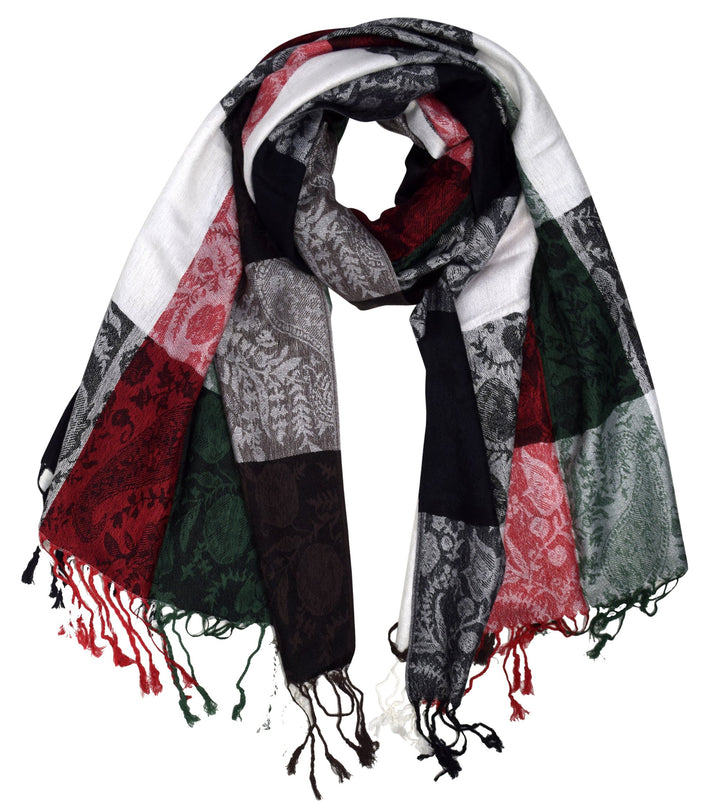 Elegant reversible jacquard pashmina shawl with a traditional red, green, and black paisley pattern.