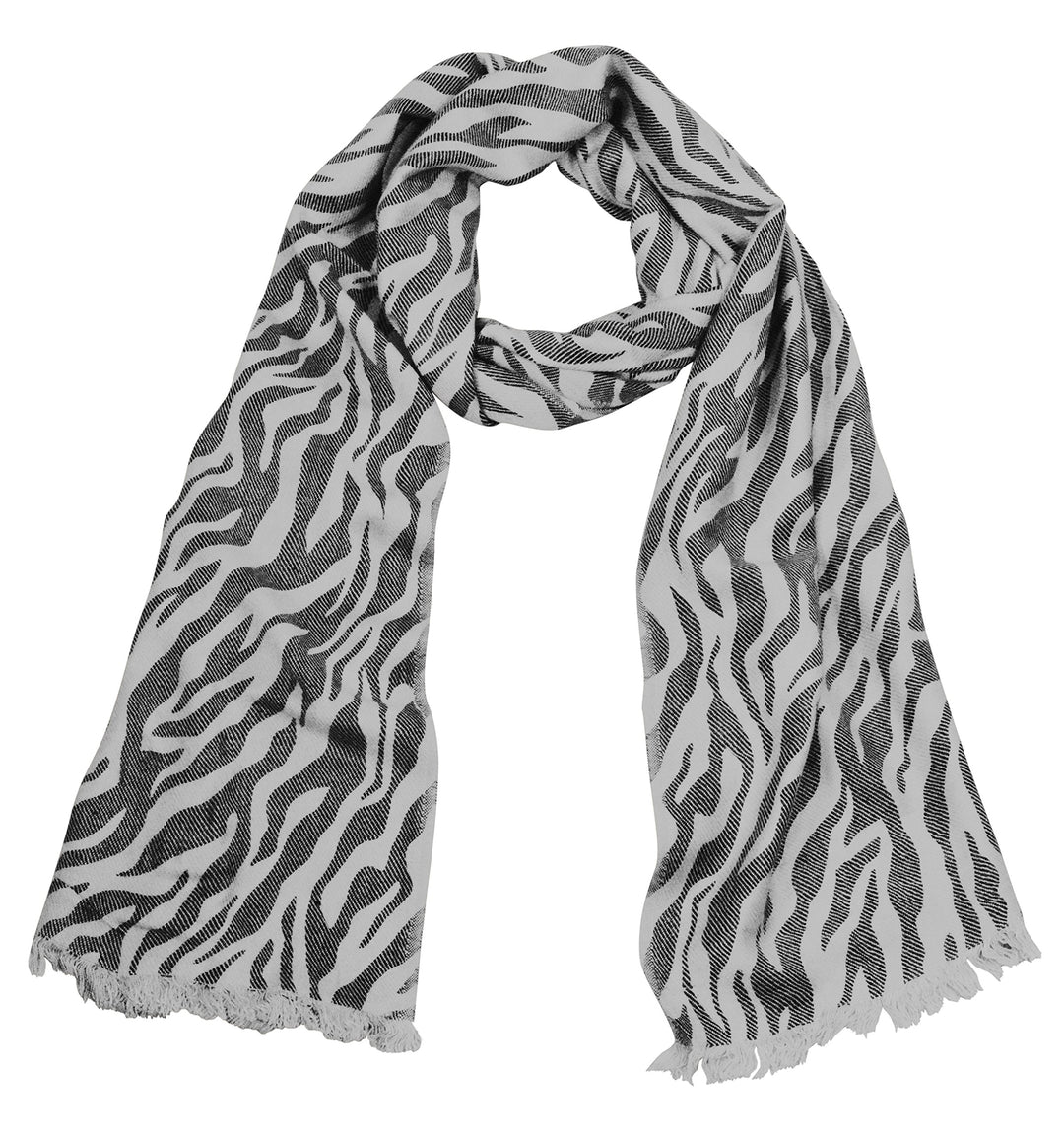 Fashionable zebra animal print pashmina shawl wrap with frayed ends in grey and white
