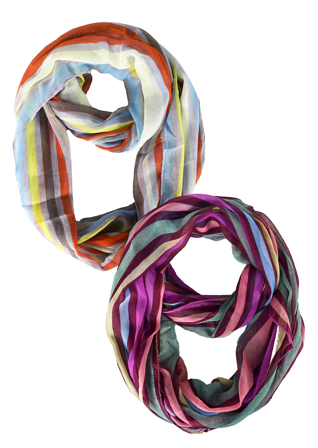 Peach Couture Trendy Striped Print Light and Soft Fashion Infinity Loop Scarf 2 Pack Maroon and Neon Pink