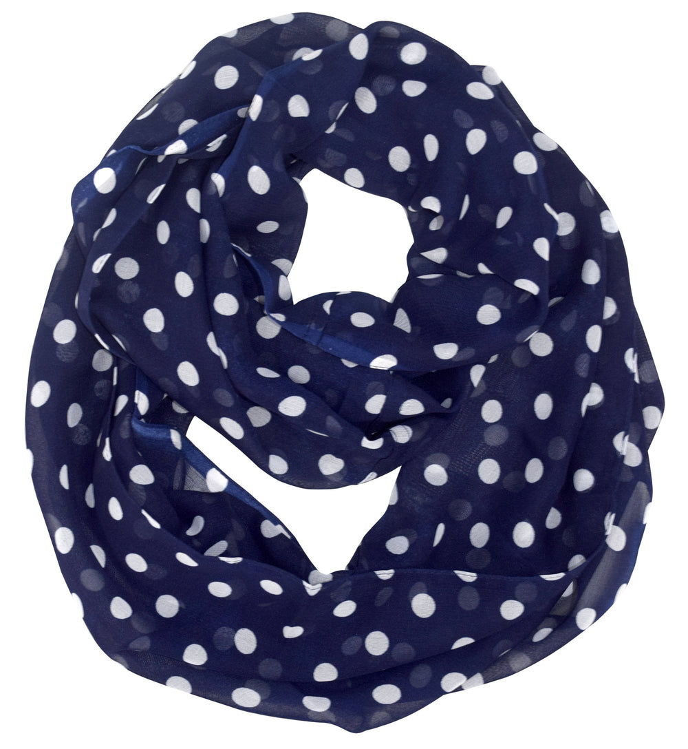 Lightweight and sheer navy blue infinity loop scarf featuring a white polka dot and circle print for women.