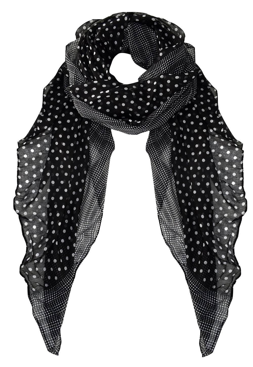 Chic black and white polka dot sheer scarf with a bohemian border, lightweight soft shawl for women.
