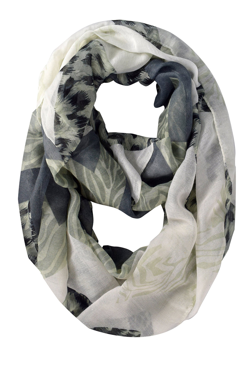 Stylish grey infinity loop scarf featuring a mixed animal print and wide chevron design for women'