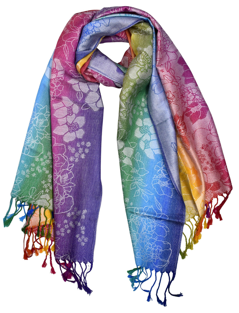 Rainbow silky tropical hibiscus floral pashmina wrap shawl featuring a faded multi-color gradient and fringe trim.