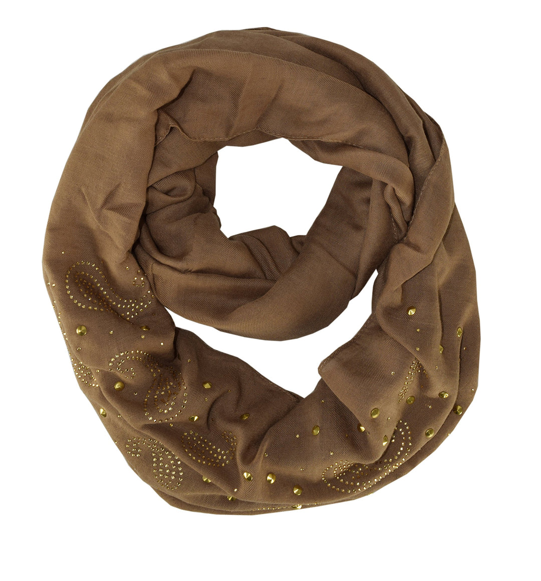 Peach Couture Vintage Embellished Paisley Sequin Infinity Scarf Circle Loop Tan