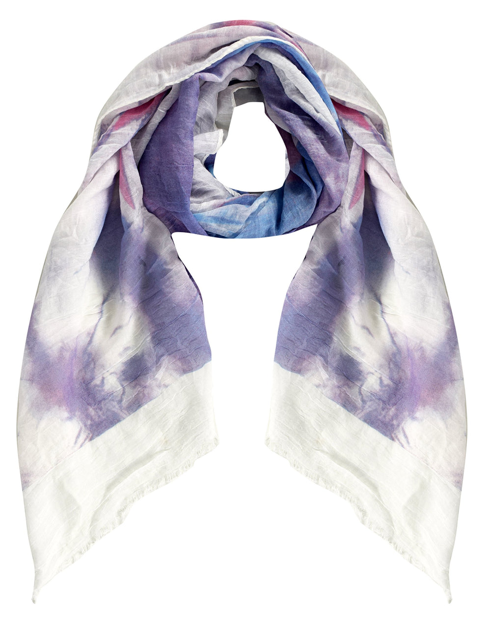 Retro ruffled multicolor tie dye printed fringe shawl wrap scarf in purple and blue tones