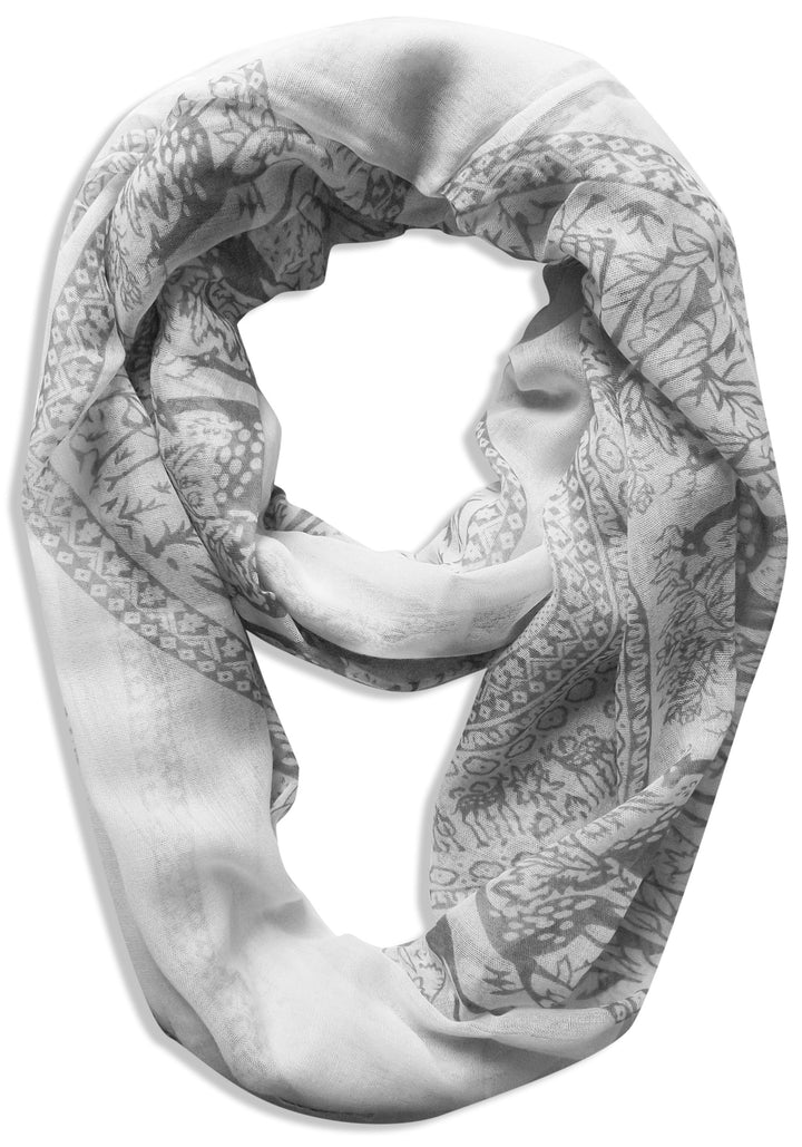Luxury deer print animal print nature design infinity loop scarf wrap in grey
