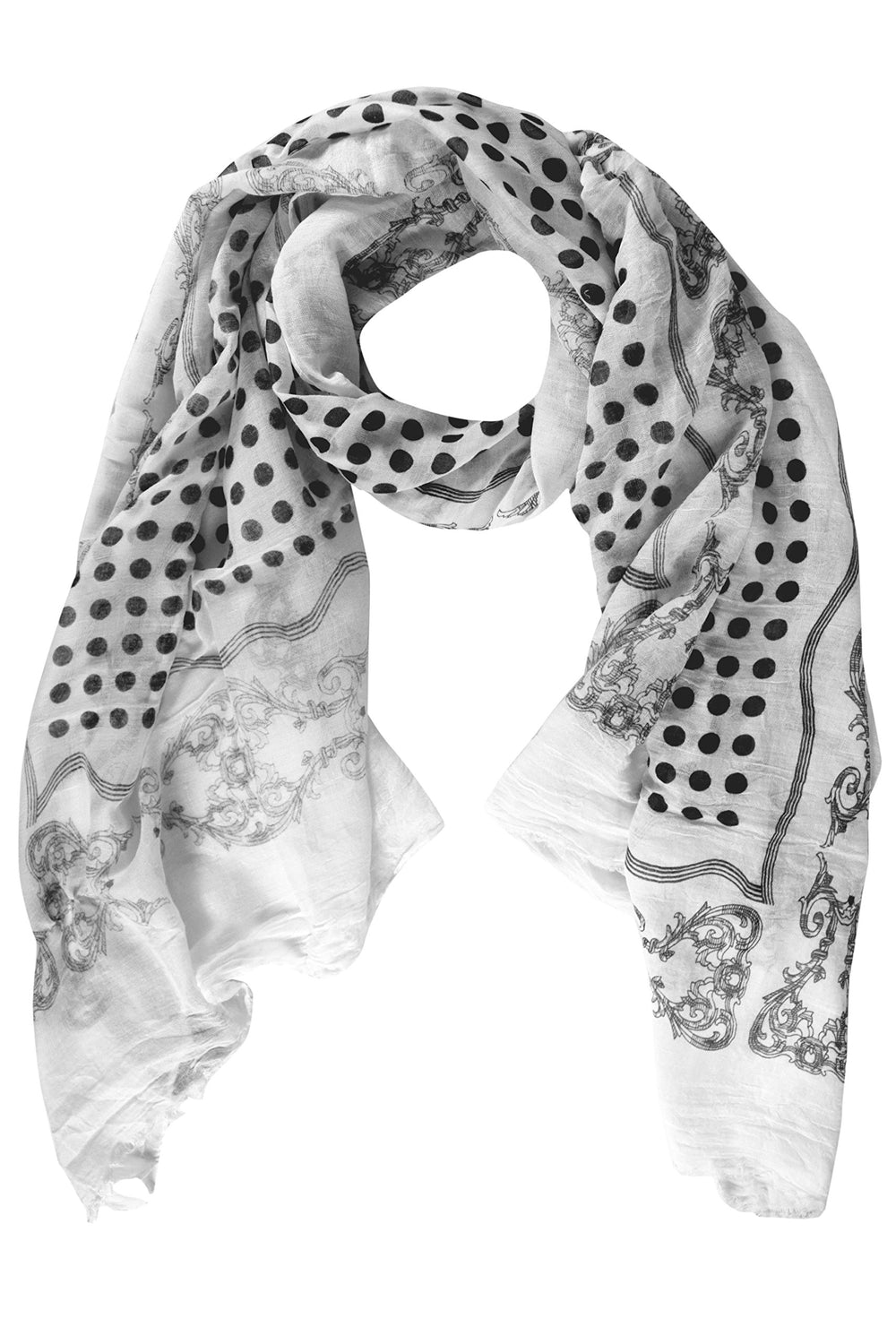 Cotton blend polka dot print summer shawl scarf in black.