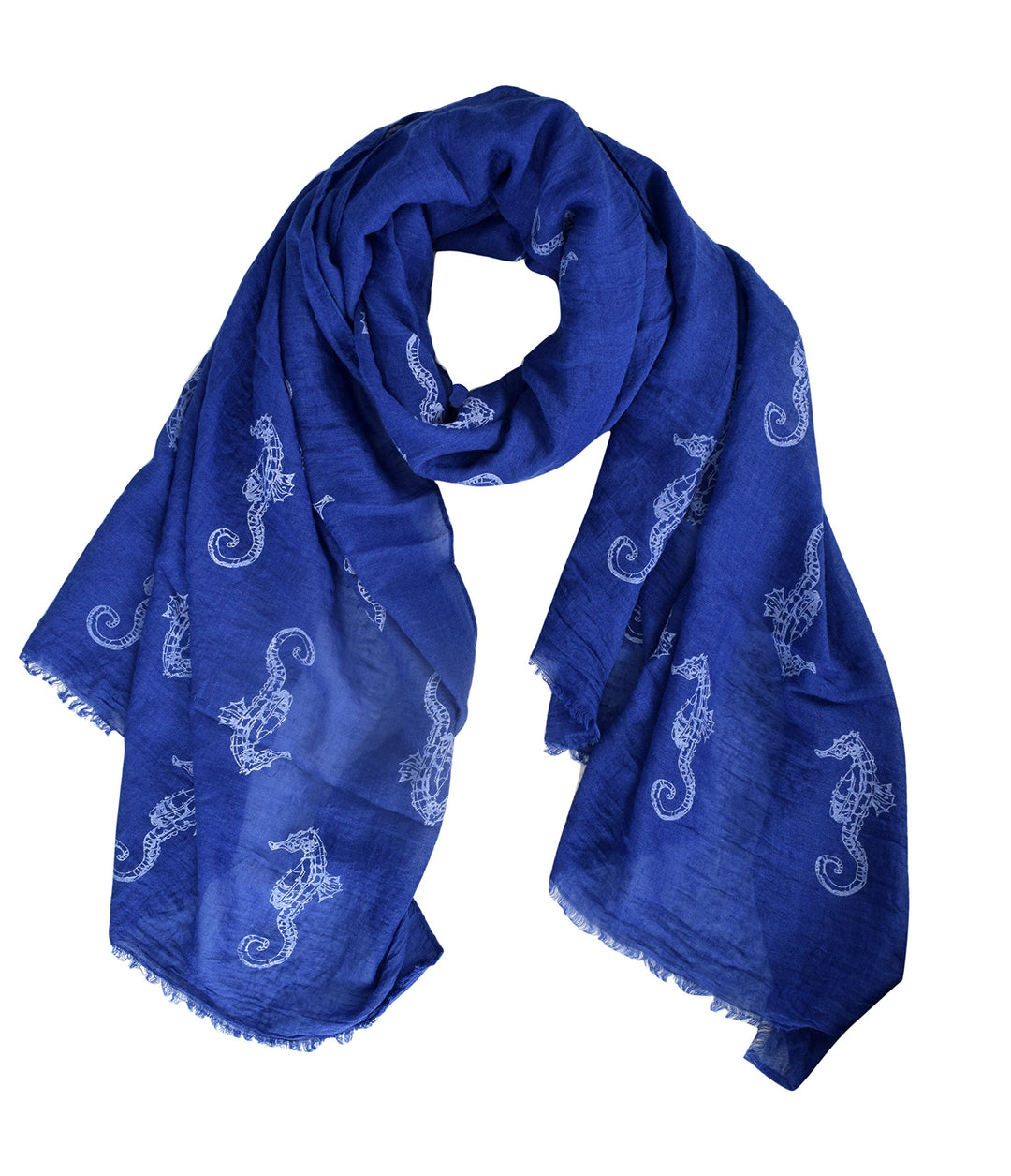 Peach Couture All Season's Nautical Shell Seahorse design Light Fringe Shawl Scarf navy Seahorse